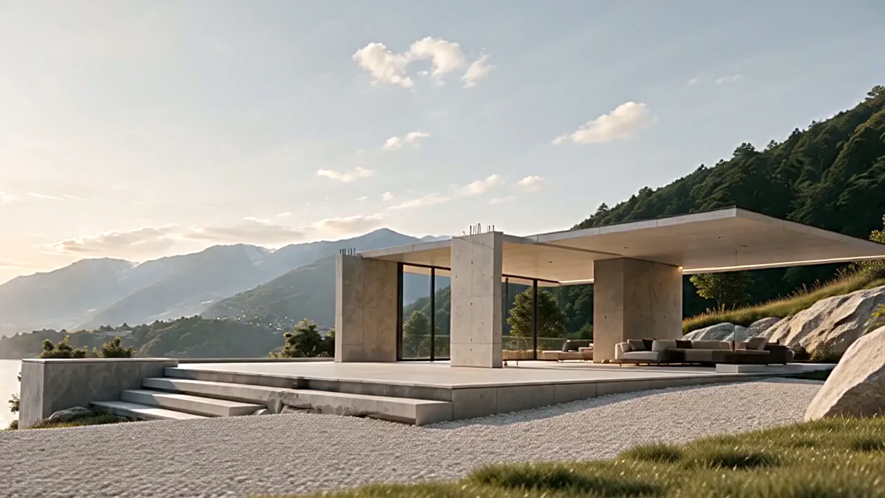 Visualisierung eines Grundstücks am Hang mit ersten Bauteilen